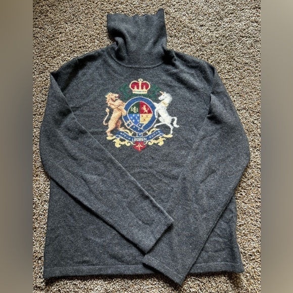 Ralph Lauren Sweaters - Ralph Lauren Knitted Logo Cashmere Wool Blend Turtleneck Gray Size Medium